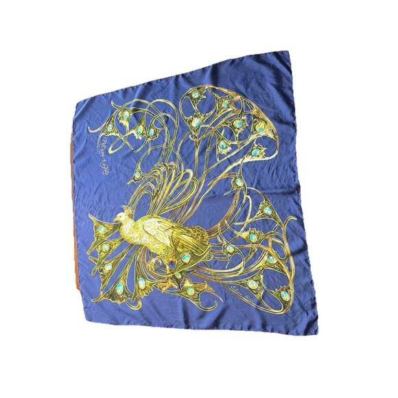 Lalique Paris "Parade Royale" Large Silk Scarf 33”x33” Navy Blue Gold Peacock - Picture 4 of 8
